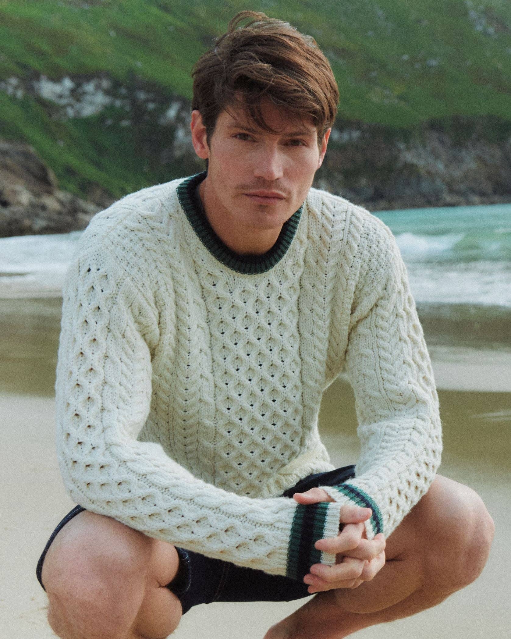 Aran Strickpullover mit NavyStreifen - Creme - ankerherz.de