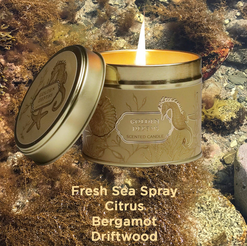 Cream Cornwall Duftkerze Golden Depths – Dose geschlossen mit maritimen Illustrationen