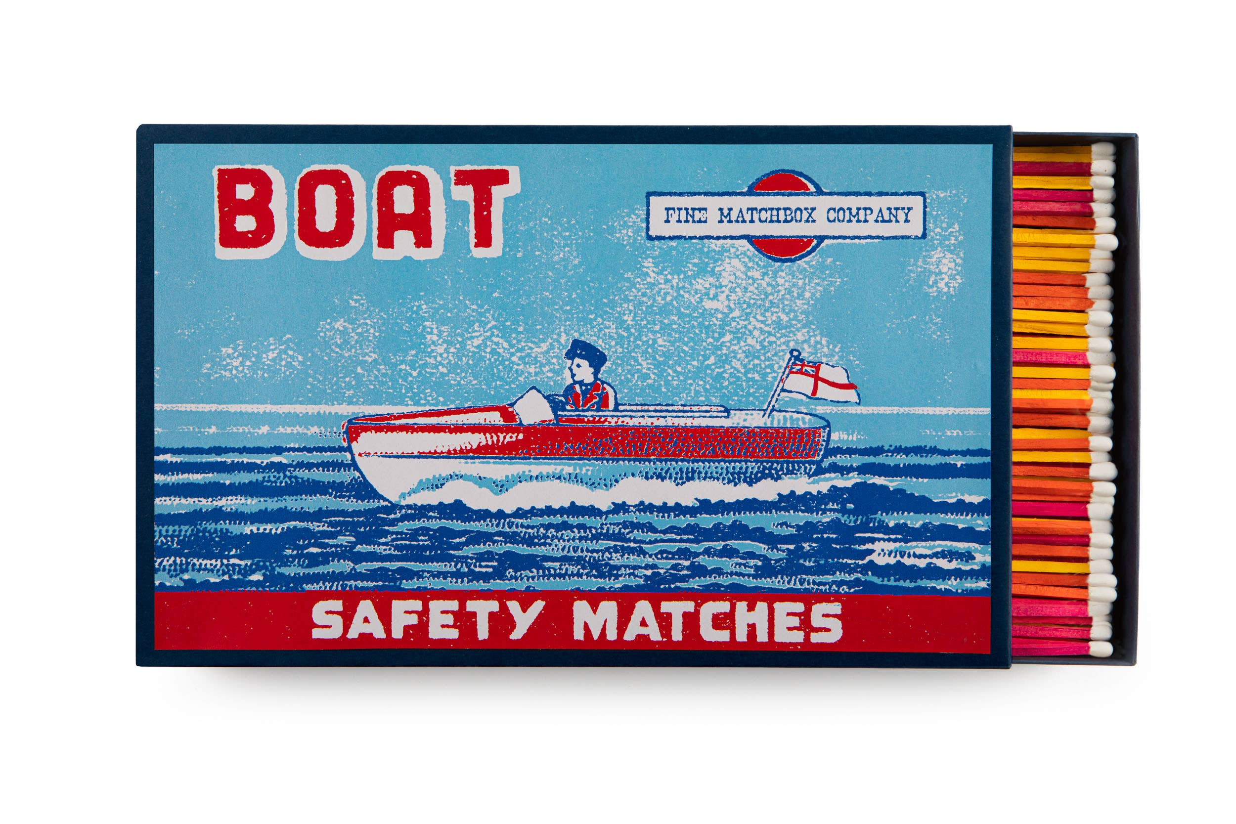 Riesen-Streichholzschachtel Boot von Archivist Gallery – große Pappschachtel mit Boot-Motiv in Blau und Rot, Letterpress-Druck