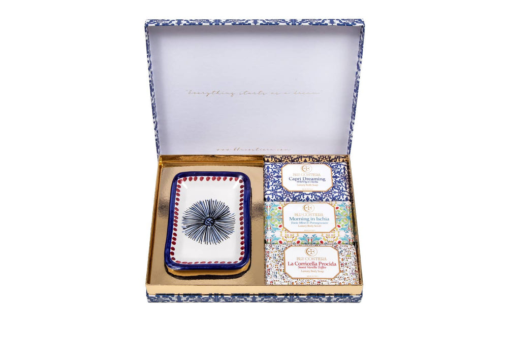 Blu Costiera Amalfi Coast Geschenkset – blaue Majolika-Verpackung mit Keramikschale und Luxusseifen