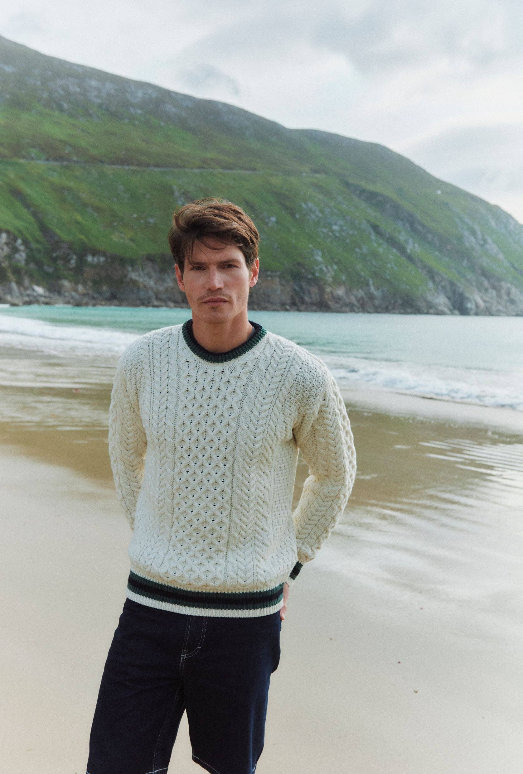 Aran Strickpullover mit NavyStreifen - Creme - ankerherz.de