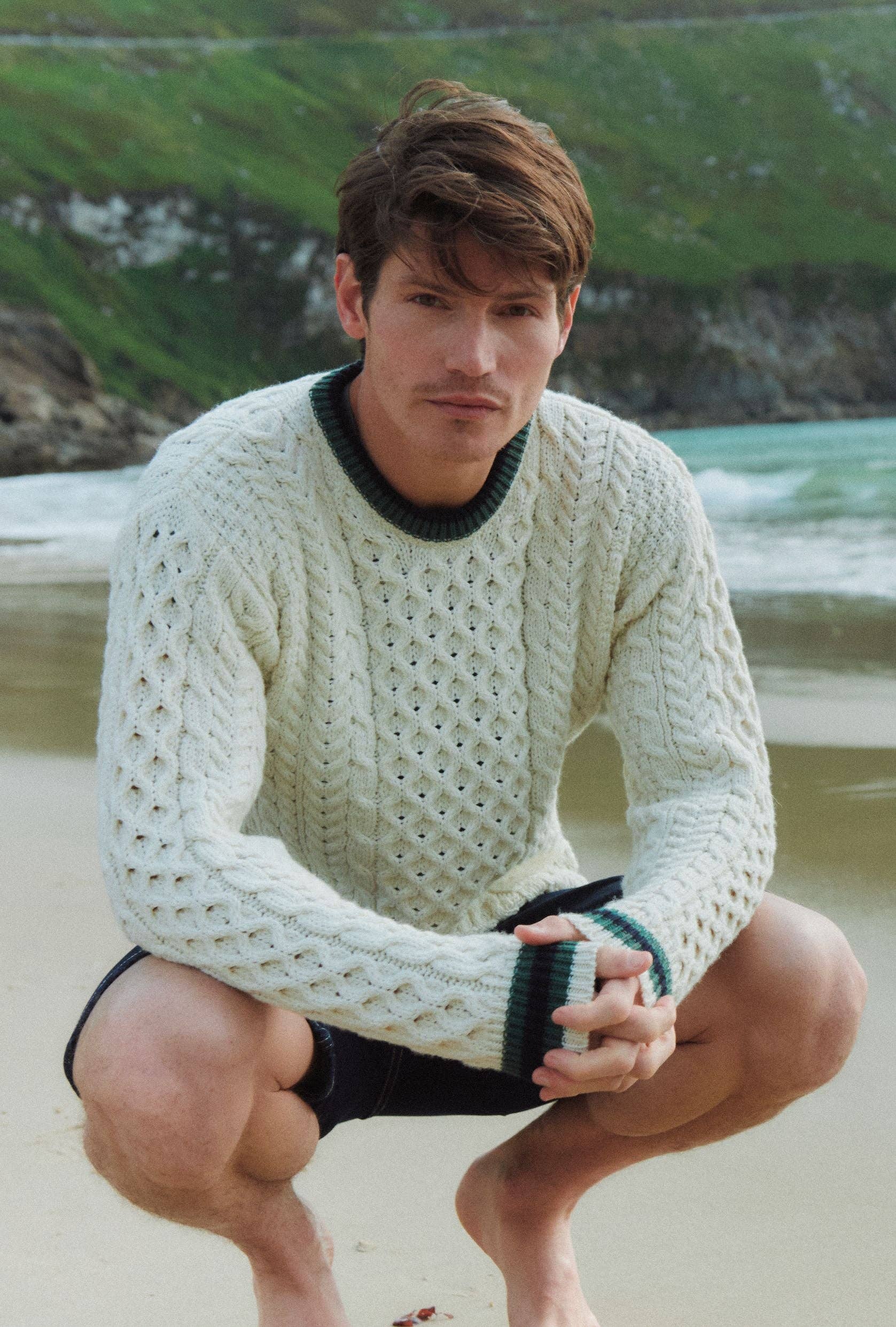 Aran Strickpullover mit NavyStreifen - Creme - ankerherz.de