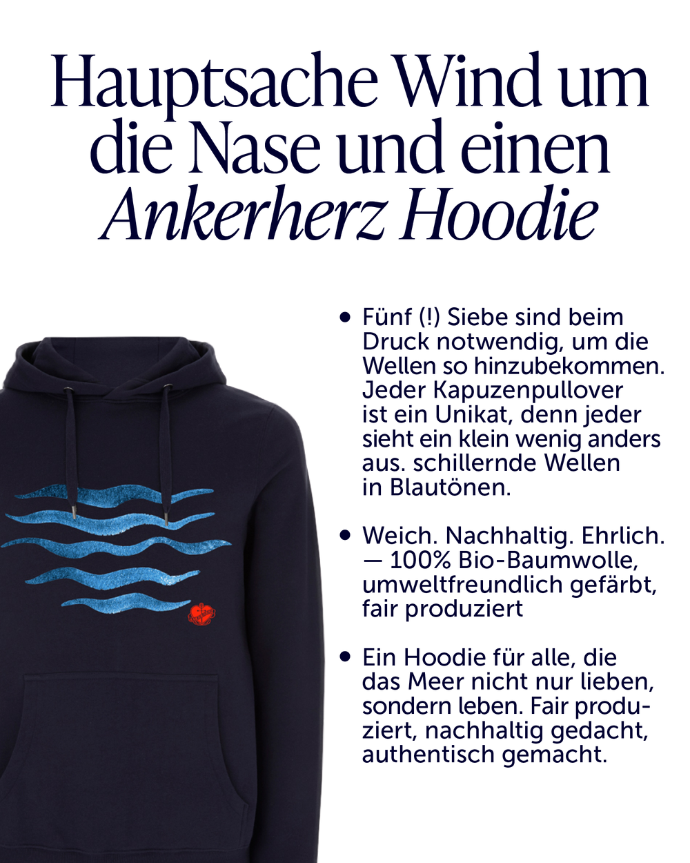 Hoodie Waves Navy — Bio-Baumwolle Unisex
